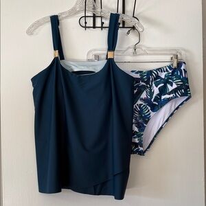 Teal Blue Tankini Swim Set with Tropical Print Bottoms